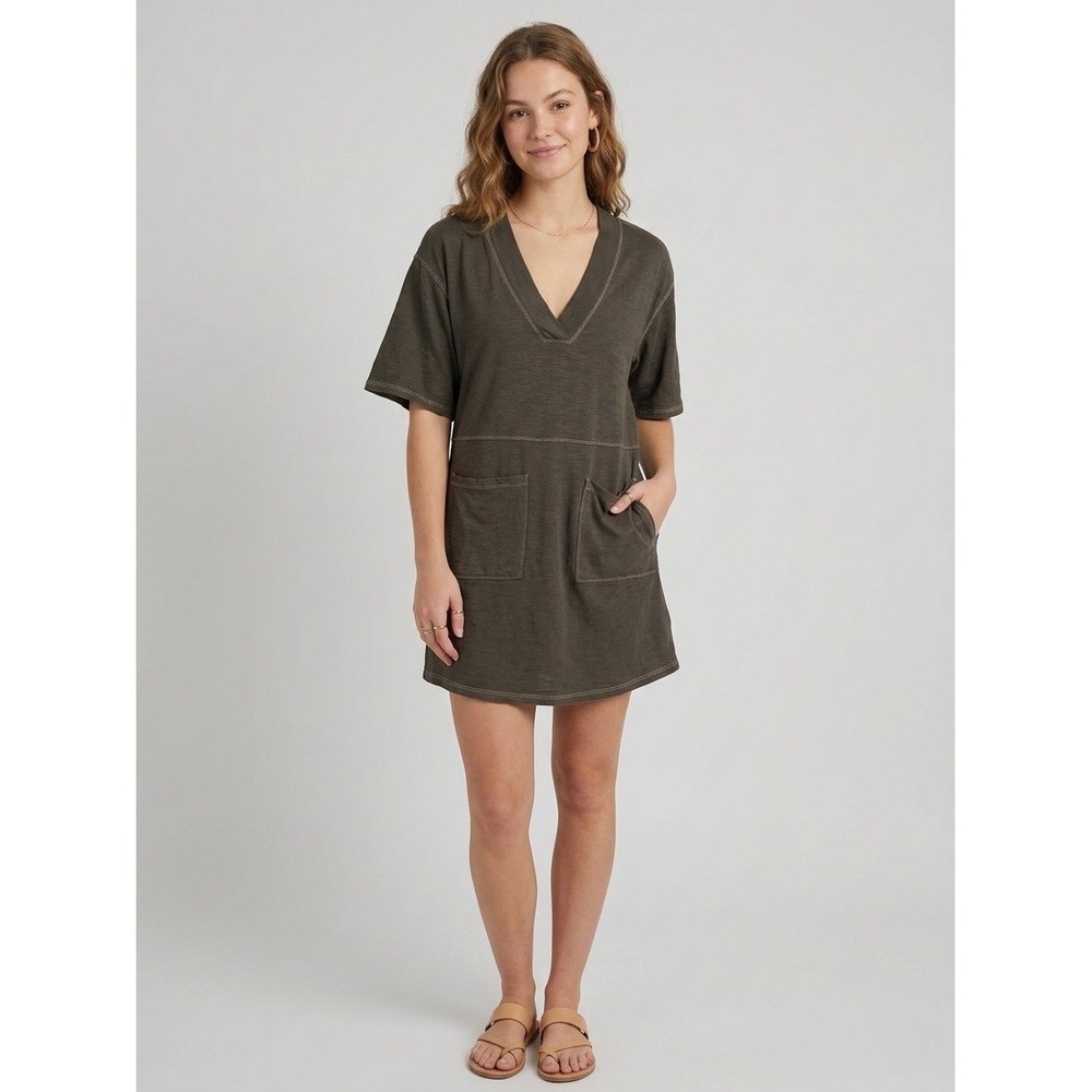Natural Life Womens Olive Green Cotton Slub V-Neck Pocket T-Shirt Mini Dress XS